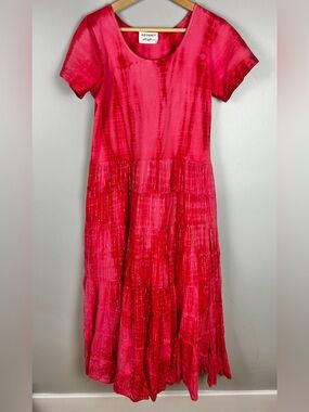 ARVANTI 90s Tiered Maxi Dress Pink Medium Tie Dye Metallic Boho Hippie Gypsy
